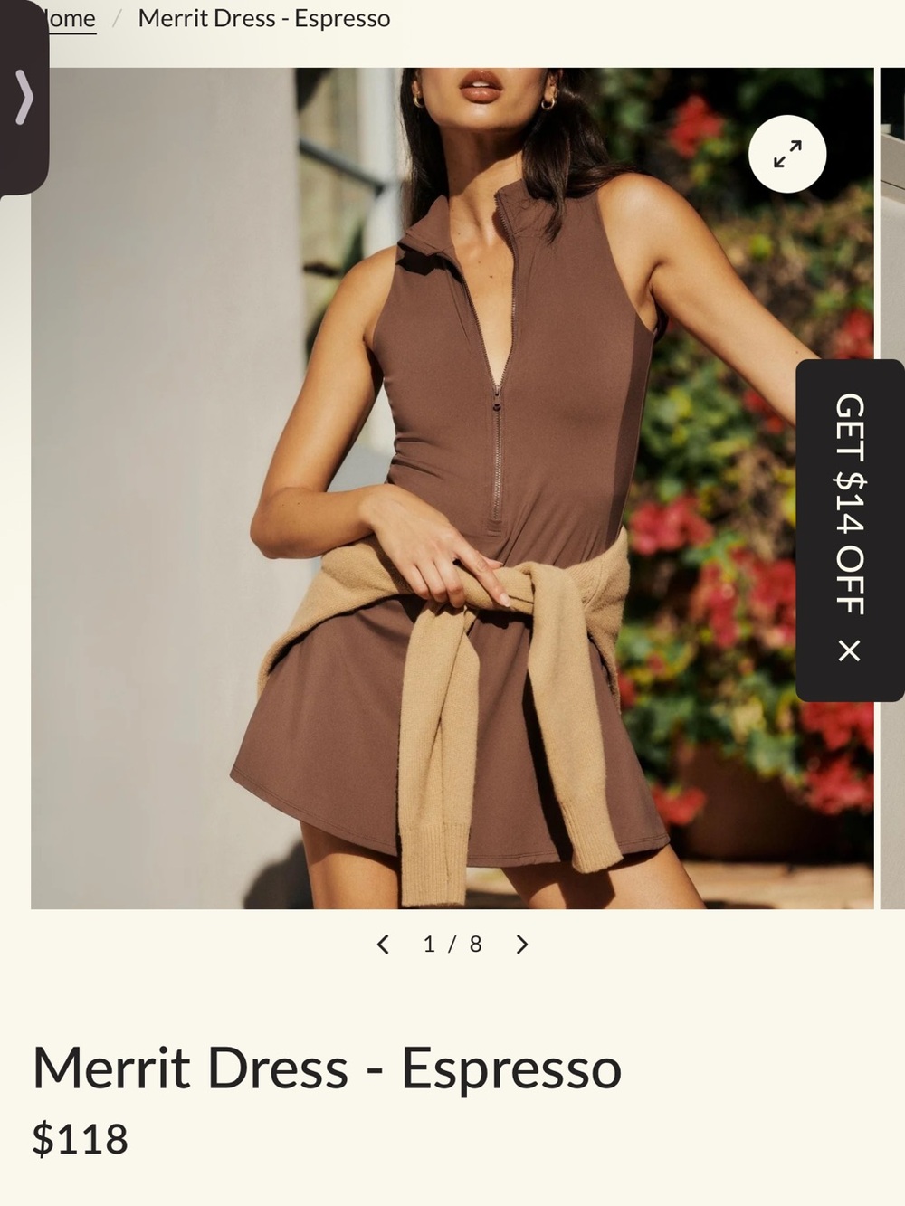 Club Recess Sleeveless Half-Zip Brown Women's athletic dress with shorts size L